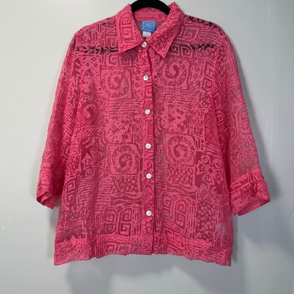 Lark Lane Pink Burnout Sheer‎ Geometric Button Front Blouse 3/4 Sleeve Size 14